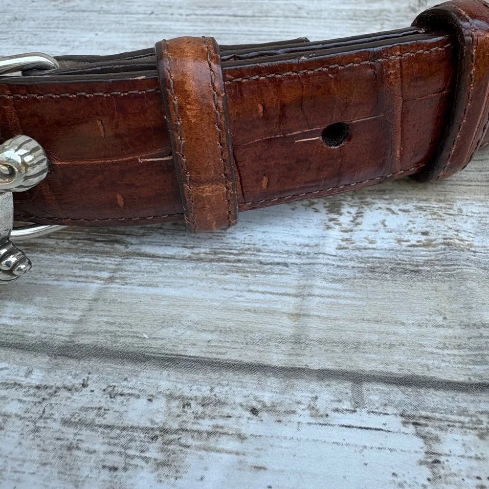 Brighton‎ Belt 30 Brown Crocodile Embossed Leather Silver Turtle Buckle Tortoise